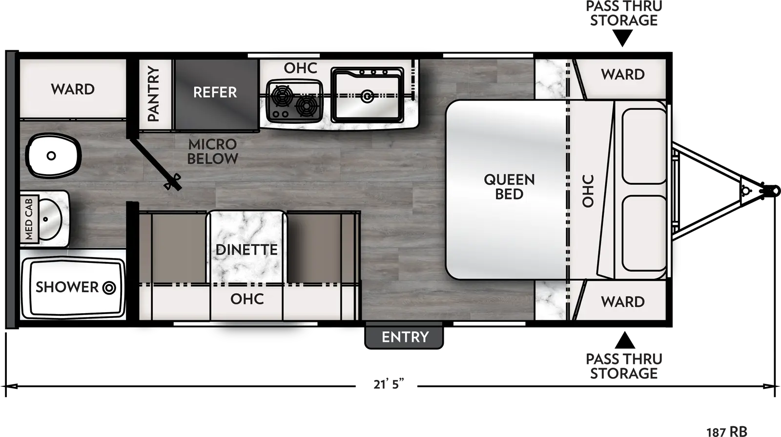 The 187RB has no slide outs and one entry door on the door side. Interior layout from front to back: front bedroom containing foot facing queen bed, overhead cabinet, and wardrobes on either side of the bed. Kitchen living dining area; dinette with overhead cabinet located on the door side; off-door side kitchen containing sink, cook top stove, overhead cabinet, refrigerator, microwave below, and pantry. Rear bathroom containing; shower, medicine cabinet, toilet and wardrobe storage. 